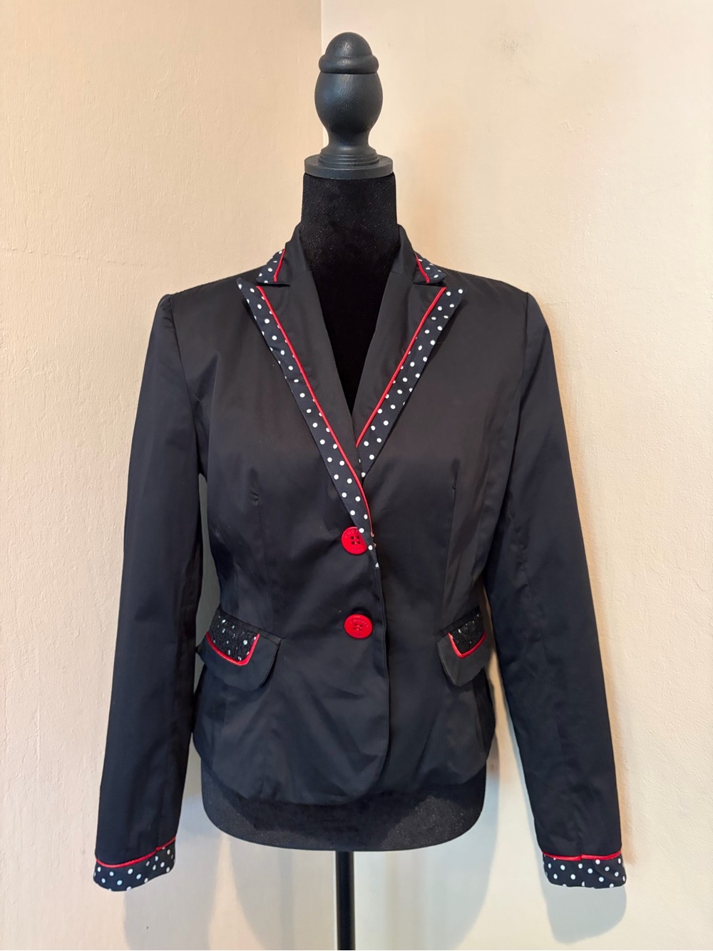 Preppy Italian Made Black Blazer w/ Navy & White Polka Dots & Red Trim, size 8